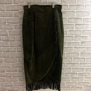 Danier Womens Suede Fringe Wrap Midi Forest Green Skirt Size 14